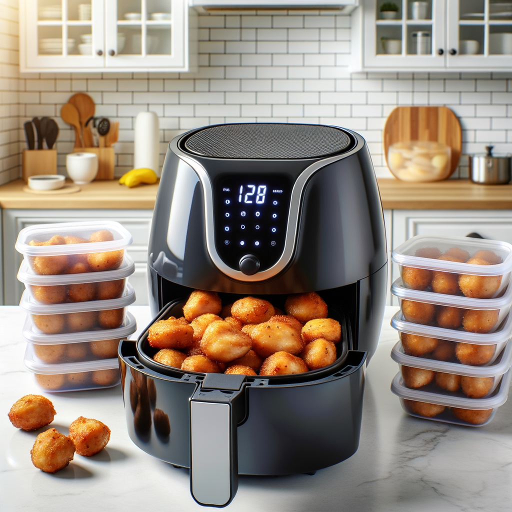 Al: "Air Fryer Chicken Bites" sur plat de service avec sauce barbecue et légumes dans un bol bleu