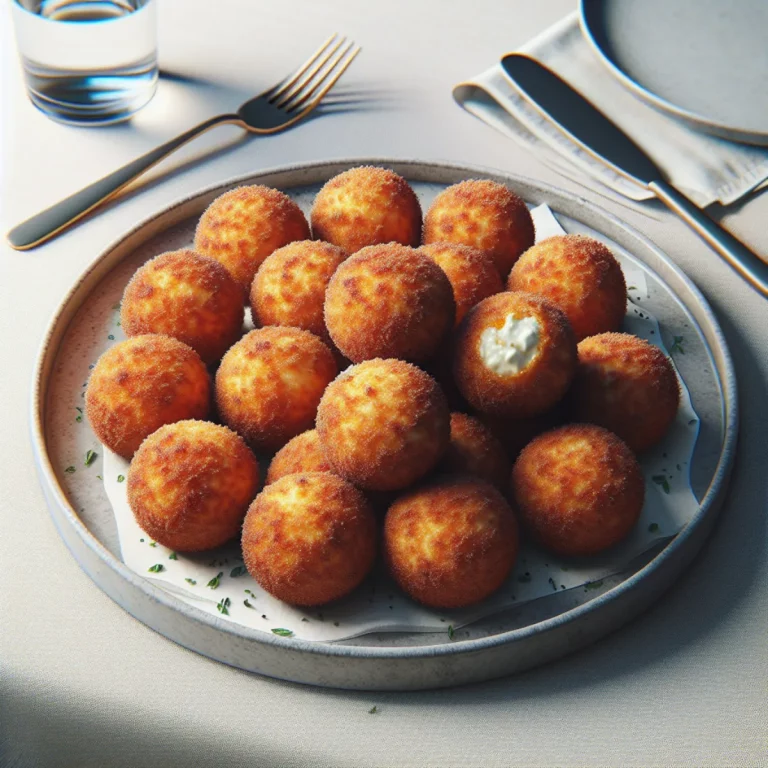 Des boules dorées et croustillantes de ricotta, parsemées d'herbes fraîches, cuites à la perfection dans un Air Fryer. Les boules sont remplies d'une garniture crémeuse et onctueuse de ricotta, créant un contraste alléchant de textures.