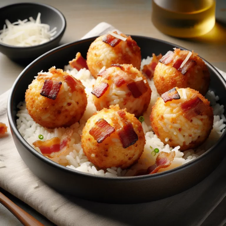 Boule de riz croustillante dorée recouverte d'une croûte de parmesan croustillante et croustillante, garnie de bacon croustillant et doré, cuite à la perfection dans un Air Fryer.