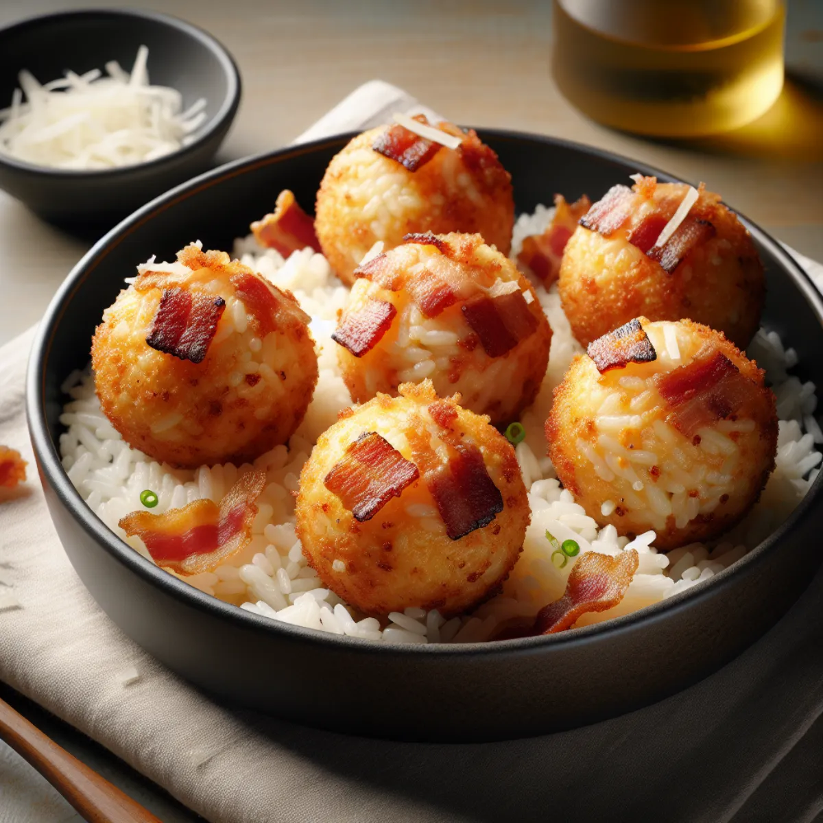 Boule de riz croustillante dorée recouverte d'une croûte de parmesan croustillante et croustillante, garnie de bacon croustillant et doré, cuite à la perfection dans un Air Fryer.