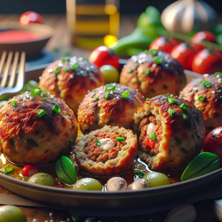 Une sélection alléchante de boulettes de viande dorées, croustillantes et juteuses, reposant sur une grille de Air Fryer. Les boulettes de viande sont remplies d'un mélange savoureux et aromatique d'herbes grecques, de feta et de riz, créant un contraste parfait entre l'extérieur croustillant et l'intérieur moelleux.
