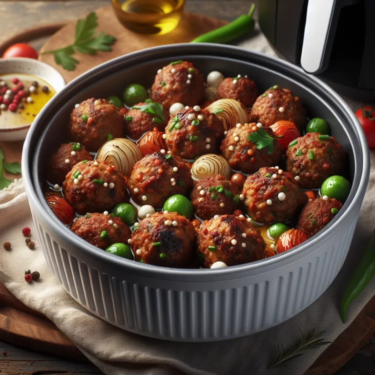 Boulettes de viande à la marocaine au Air Fryer Boulettes de viande dorées et croustillantes, tendres et juteuses à l'intérieur, disposées sur une grille métallique du Air Fryer. Les boulettes sont assaisonnées d'épices marocaines aromatiques, comme le cumin, la coriandre et le paprika. Elles sont parsemées de coriandre fraîche et de graines de sésame.