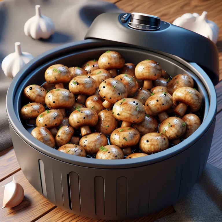 Champignons à l’ail au Air Fryer Photographie culinaire d'une assiette ronde blanche remplie de champignons entiers croustillants et dorés. Les champignons ont été cuits au Air Fryer et sont accompagnés d'une garniture d'ail haché frais. Les champignons sont disposés dans l'assiette en forme de monticule et dégagent une vapeur alléchante.