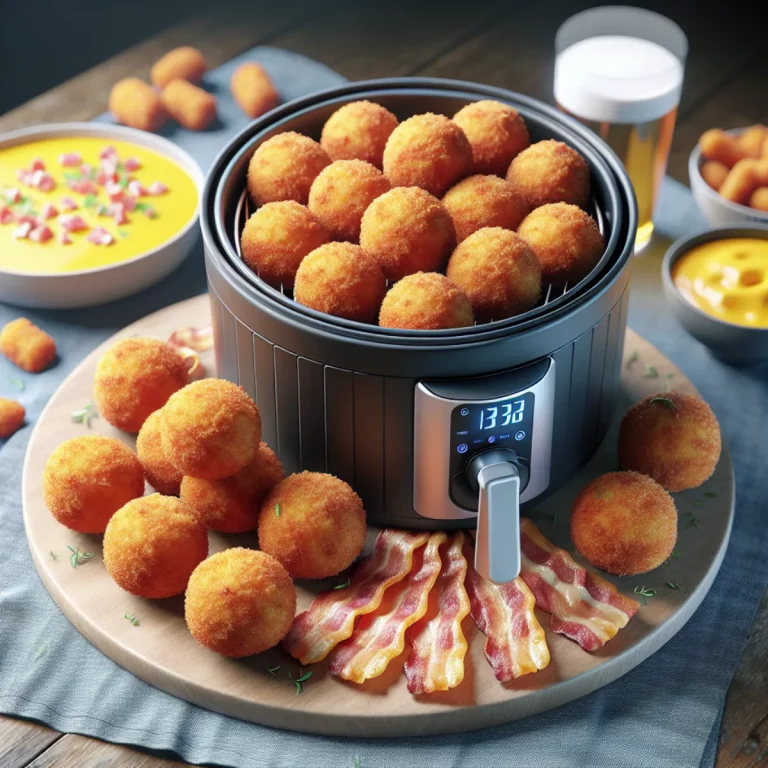 Cheddar Bacon Croquettes au Air Fryer Boulettes dorées et croustillantes avec une garniture crémeuse et fondante de cheddar, entourées de lardons croustillants, cuites dans un air fryer pour une texture aérienne et un minimum de graisse.