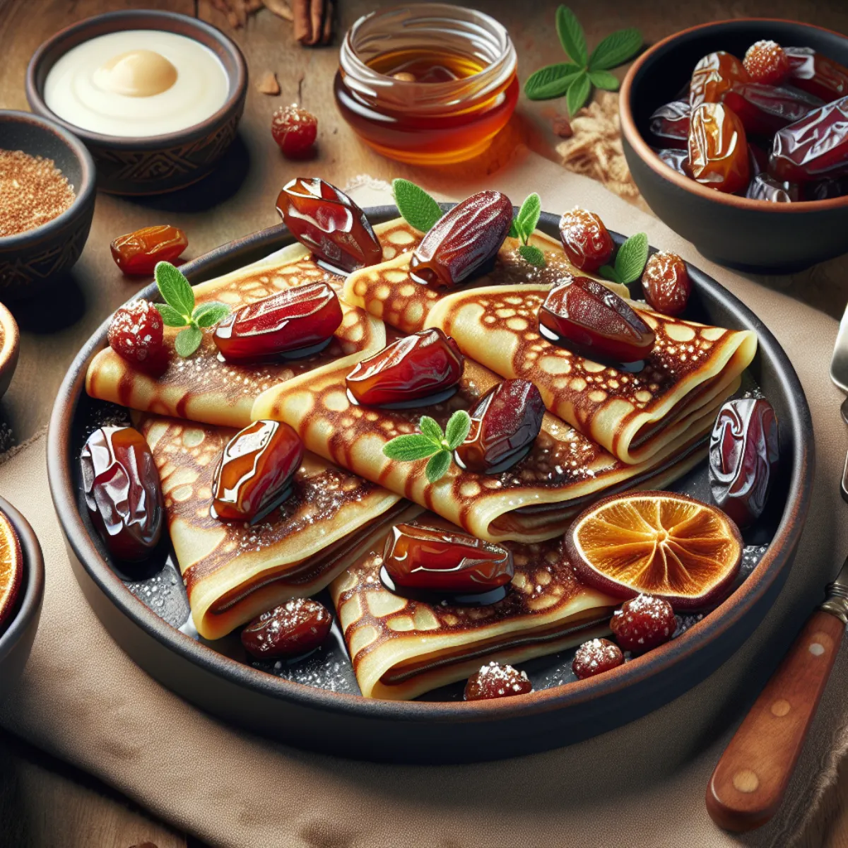 Délicieuses crêpes croustillantes et dorées préparées dans un air fryer, garnies de dattes sucrées et moelleuses, créant une combinaison parfaite de textures et de saveurs.