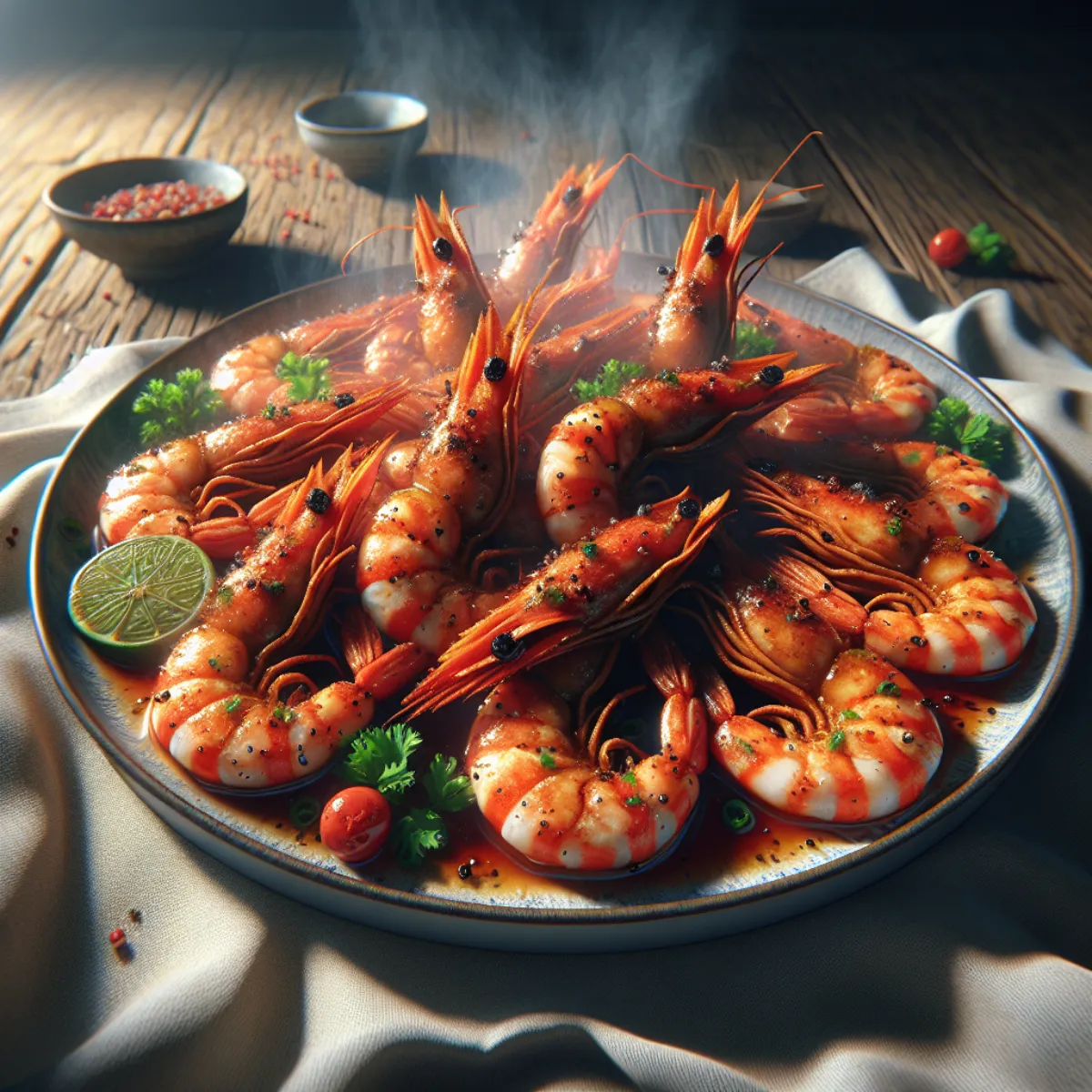 Crevettes roses croustillantes et dorées disposées dans un bol blanc, saupoudrées d'épices rouges vif et accompagnées d'une sauce cocktail rose sur le côté. Le fond noir met en valeur la texture et la couleur des crevettes cuites à l'air fryer.