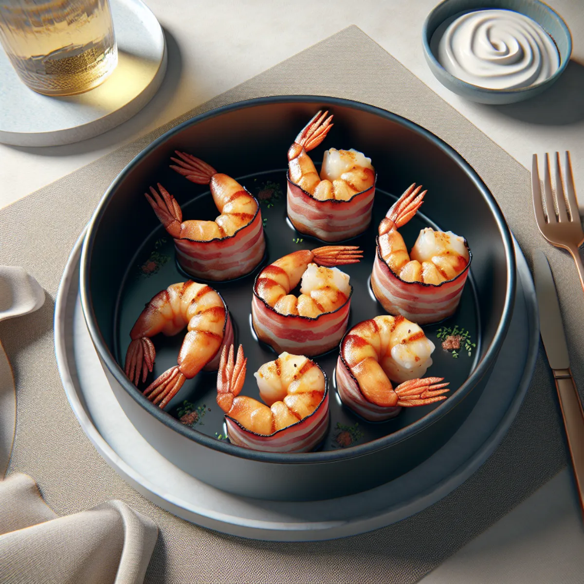 Crevettes roses juteuses et parfaitement cuites enveloppées dans des tranches de bacon croustillantes, disposées sur une assiette. Le bacon est grillé, brun doré et légèrement croustillant, tandis que les crevettes sont tendres et translucides.