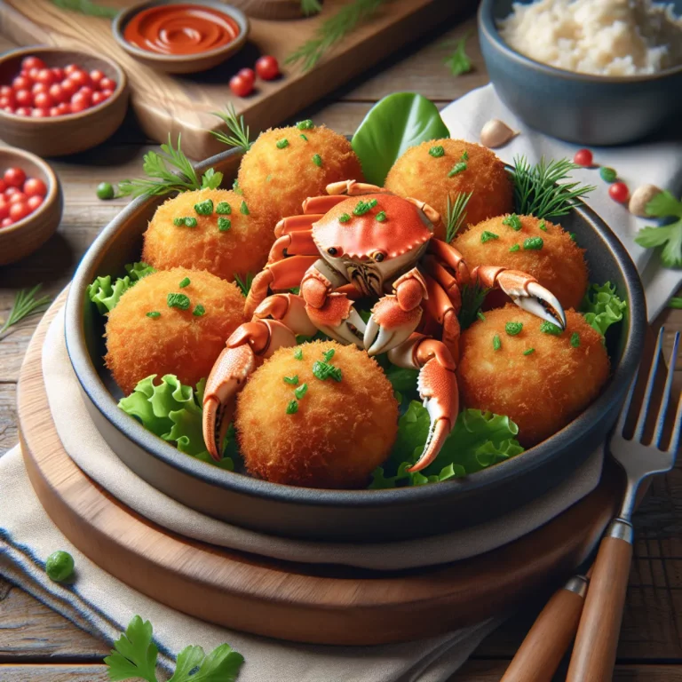 Croquettes de crabe au Air Fryer Croquettes de crabe dorées et croustillantes cuites dans un Air Fryer. Les croquettes sont garnies de crabe frais et de chapelure panko, créant une texture croustillante à l'extérieur et tendre et juteuse à l'intérieur. Servies avec une sauce tartare crémeuse pour plus de saveur.