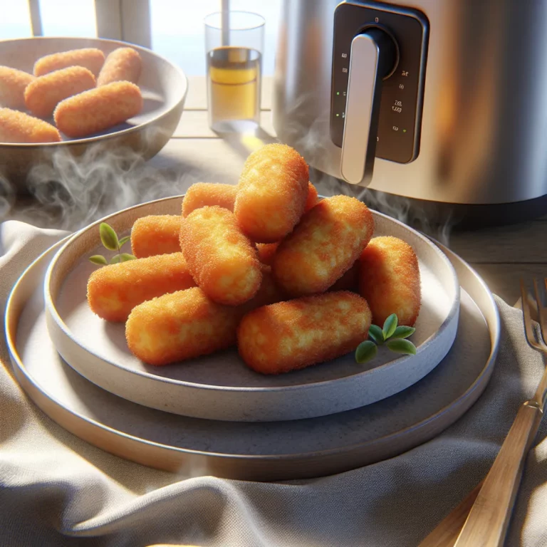 Image d'une portion de croquettes de pommes de terre croustillantes et dorées, cuites dans un Air Fryer. Les croquettes sont garnies de petites sections de persil frais haché et sont disposées sur une assiette blanche.