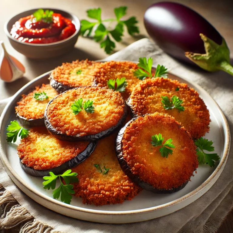 Délicieuses escalopes d'aubergine dorées et croustillantes cuites dans un Air Fryer, garnies de miettes de pain assaisonnées et d'un soupçon d'herbes fraîches.