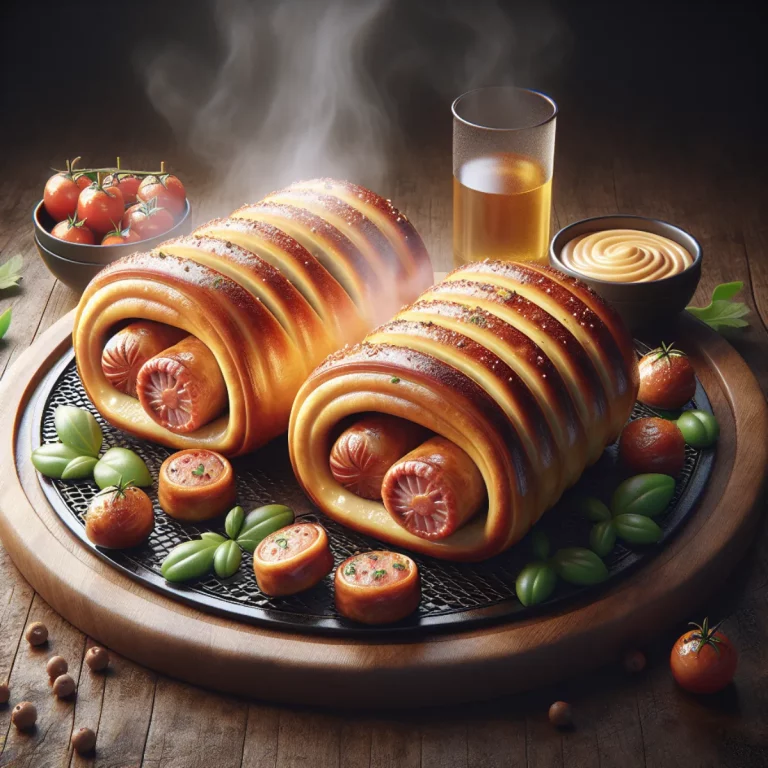 Feuilletés croustillants et dorés fourrés d'une savoureuse saucisse, cuits à la perfection dans un Air Fryer, présentant des bords feuilletés et une croûte alléchante.