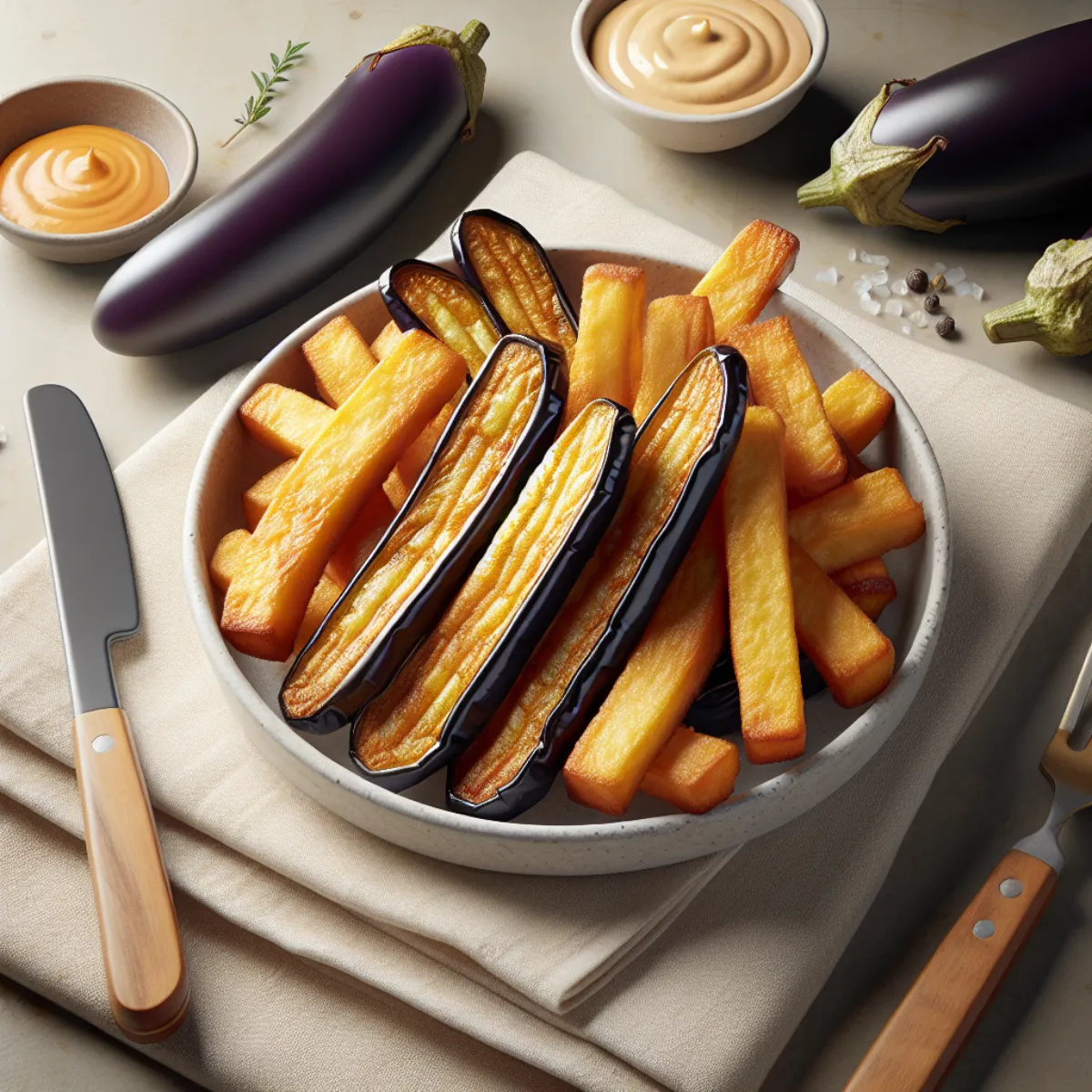 Frites d'aubergine croustillantes et dorées, cuites au Air Fryer. Les frites sont taillées en forme de bâtonnets et sont recouvertes d'une fine couche de farine, de sel et de poivre. Elles sont disposées sur le panier du Air Fryer et cuites jusqu'à ce qu'elles soient tendres à l'intérieur et croustillantes à l'extérieur.