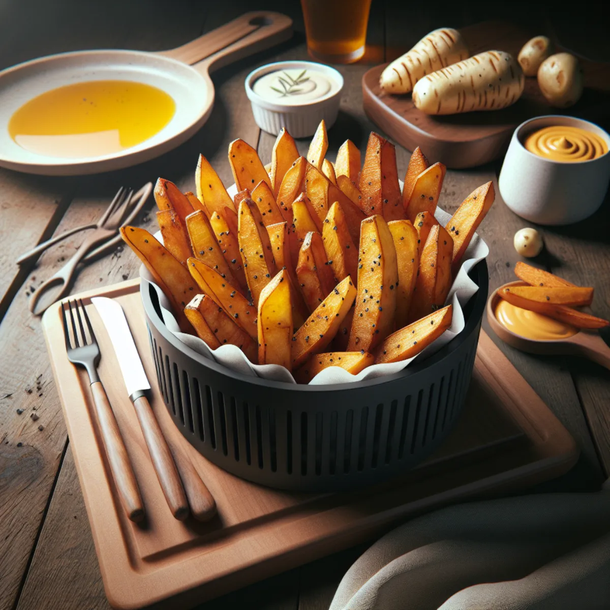 Des frites de panais doré croustillantes, cuites à la perfection grâce à l'Air Fryer. Les frites sont disposées en tas sur une assiette blanche, mettant en valeur leur texture croustillante et leur couleur dorée.