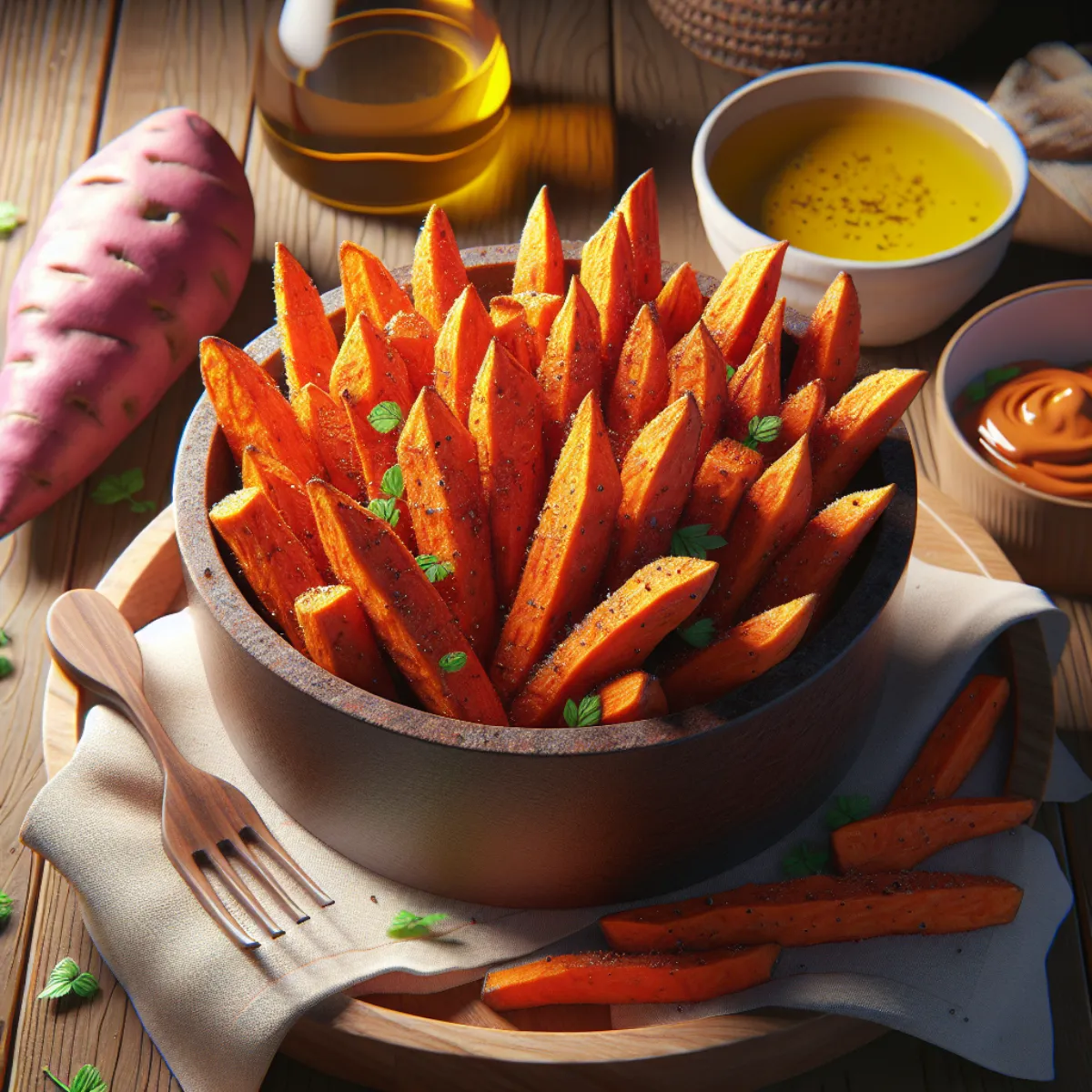 Image d'une assiette remplie de frites de patates douces dorées et croustillantes, préparées dans un Air Fryer. Les frites sont épaisses, coupées uniformément et parsemées de sel et de poivre. La texture croustillante et l'intérieur tendre sont visibles, révélant une cuisson parfaite.