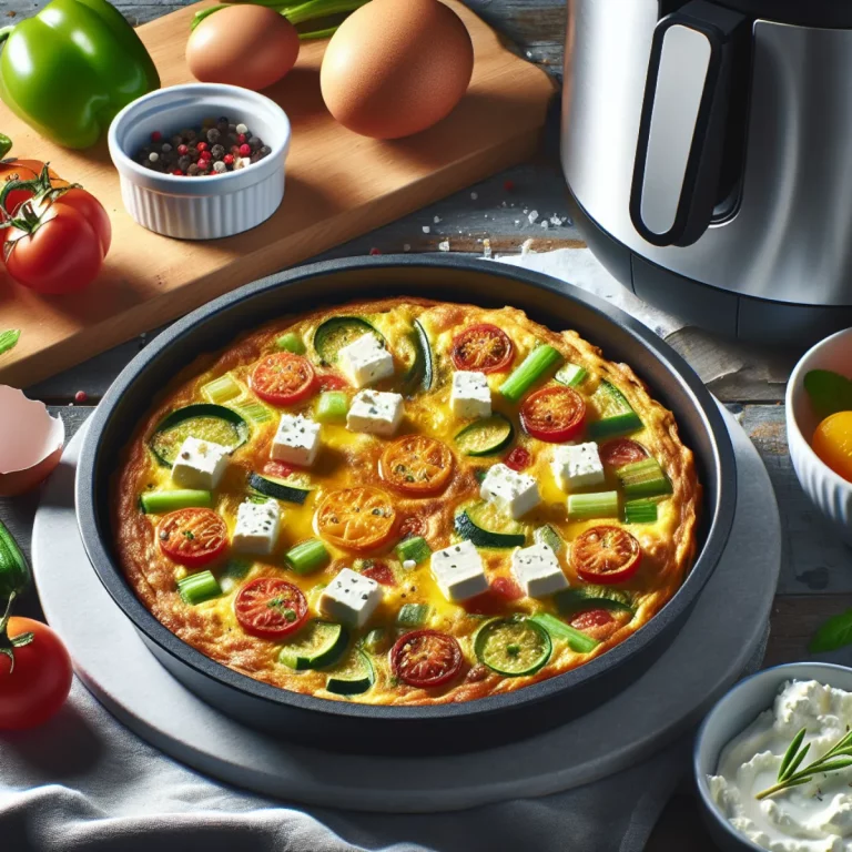 Une frittata dorée et moelleuse cuite dans un Air Fryer, garnie de légumes colorés et de feta émietté. Les légumes visibles comprennent des courgettes, des poivrons, des oignons et des tomates, hachés en dés et rôtis dans l'air fryer pour une texture croustillante et une saveur savoureuse. La feta, éparpillée sur le dessus, ajoute de la salinité et une texture crémeuse.