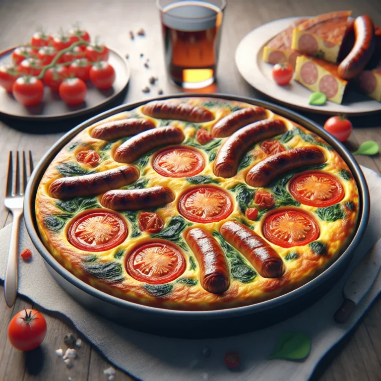 Une frittata épaisse et dorée dans un plat allant au Air Fryer, remplie de morceaux de saucisses dorés et de tomates juteuses. Les bords de la frittata sont croustillants et la garniture est moelleuse et savoureuse.