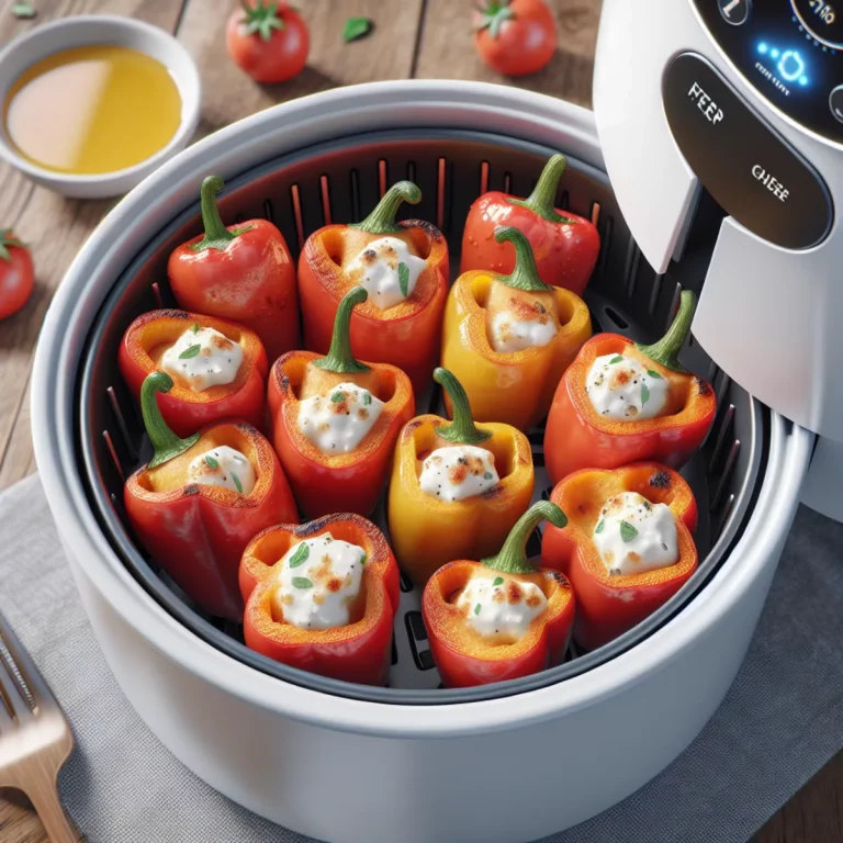 Mini-poivrons au fromage de chèvre au Air Fryer Des mini-poivrons verts et rouges rôtis au Air Fryer, garnis de fromage de chèvre crémeux et parsemés d'herbes fraîches. Les poivrons sont légèrement carbonisés à l'extérieur et tendres et juteux à l'intérieur, avec une garniture crémeuse et savoureuse.