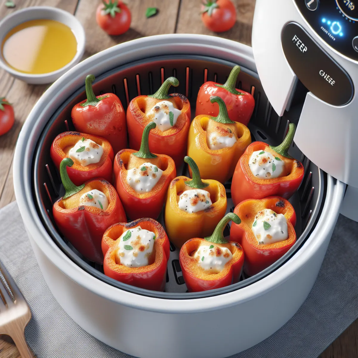 Des mini-poivrons verts et rouges rôtis au Air Fryer, garnis de fromage de chèvre crémeux et parsemés d'herbes fraîches. Les poivrons sont légèrement carbonisés à l'extérieur et tendres et juteux à l'intérieur, avec une garniture crémeuse et savoureuse.
