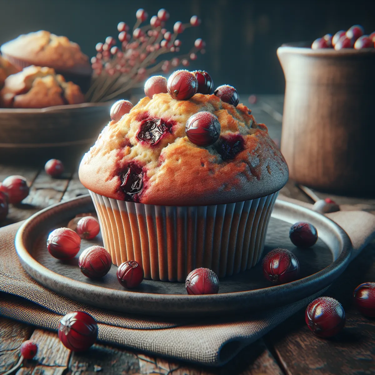 Représentation rapprochée de muffins dorés aux canneberges cuits dans un Air Fryer. Les muffins sont garnis de canneberges séchées et présentent une croûte légèrement croustillante et un intérieur moelleux.