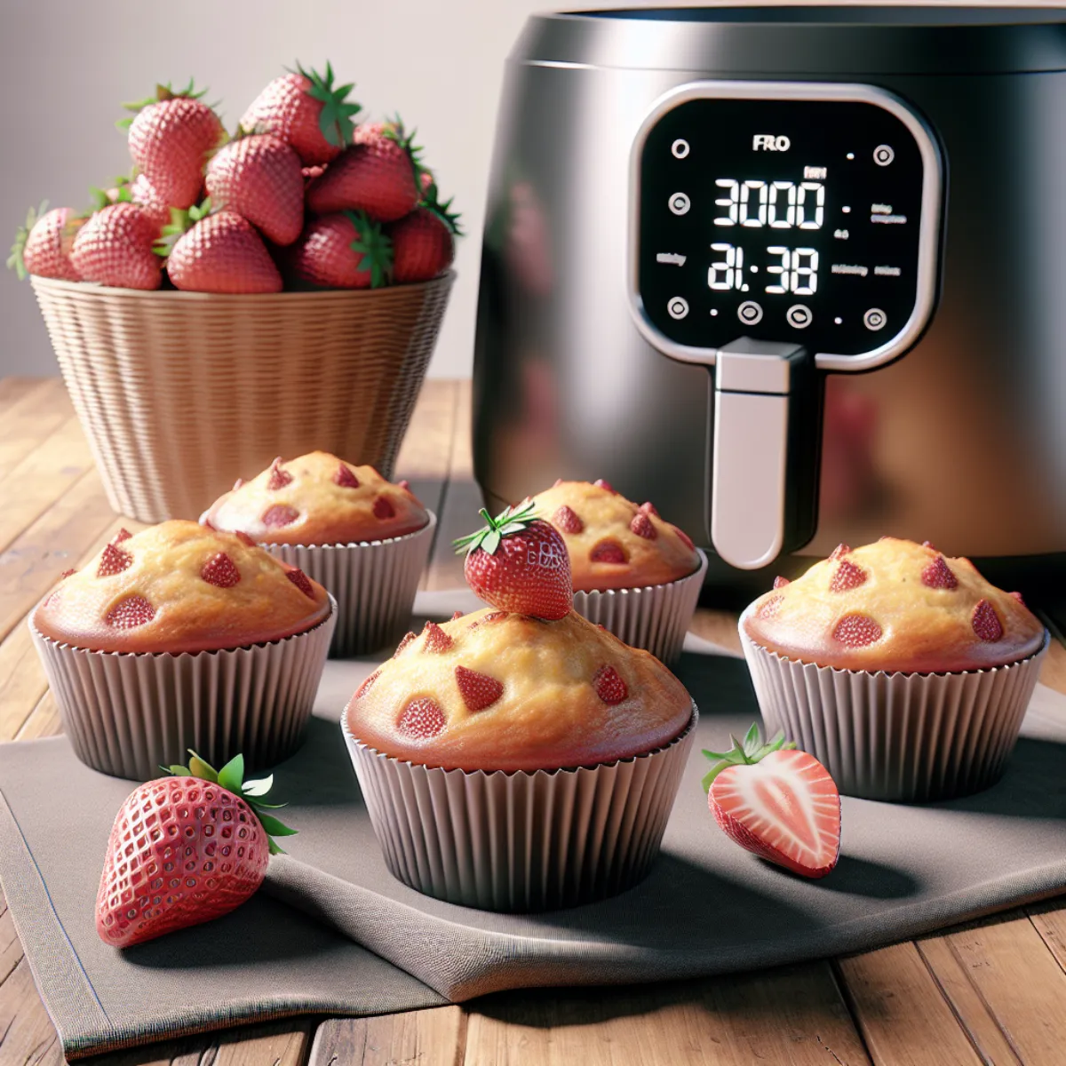Image représentant des muffins moelleux et dorés garnis de fraises juteuses et sucrées, cuits croustillants à l'air fryer. Les muffins sont placés sur une grille de refroidissement, laissant apparaître leur intérieur moelleux et leur extérieur légèrement croustillant.