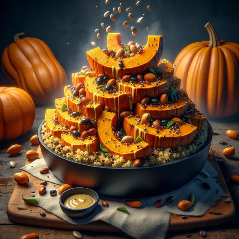 Une assiette de quinoa moelleux parsemé de cubes de citrouille rôtis au four, le tout cuit avec un Air Fryer. Les cubes de citrouille dorés sont légèrement caramélisés, tandis que le quinoa est tendre et légèrement croquant. L'arrière-plan est flou, mettant en valeur le plat.