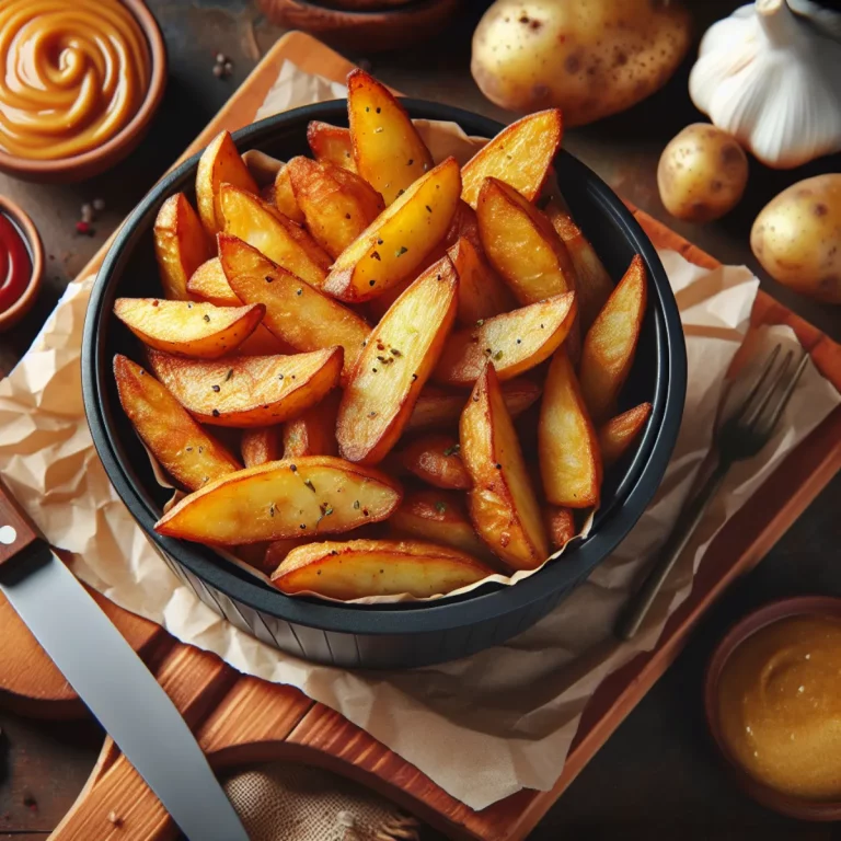 Gros plan sur une assiette remplie de pommes de terre dorées et croustillantes cuites dans un Air Fryer, dévoilant leur peau légèrement brûlée et leur intérieur moelleux. Les pommes de terre sont disposées en pile aléatoire, créant un contraste de textures entre leurs bords croquants et leur chair moelleuse. L'image met en valeur la finition dorée et la texture croustillante obtenues grâce à la cuisson à l'Air Fryer.