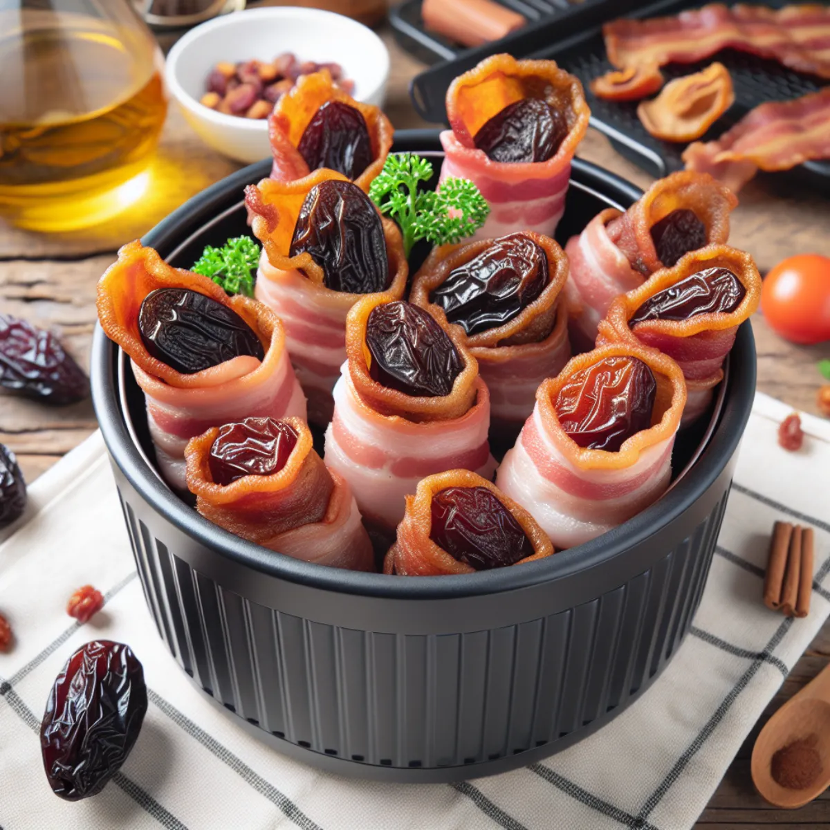 Prunes séchées juteuses et charnues enveloppées dans des tranches de bacon croustillantes et dorées, cuites à la perfection dans un Air Fryer. Les tranches de bacon forment un treillis délicat, dévoilant des couleurs alléchantes de brun doré, tandis que les prunes gémissent de jus sucrés, créant un contraste visuel captivant.