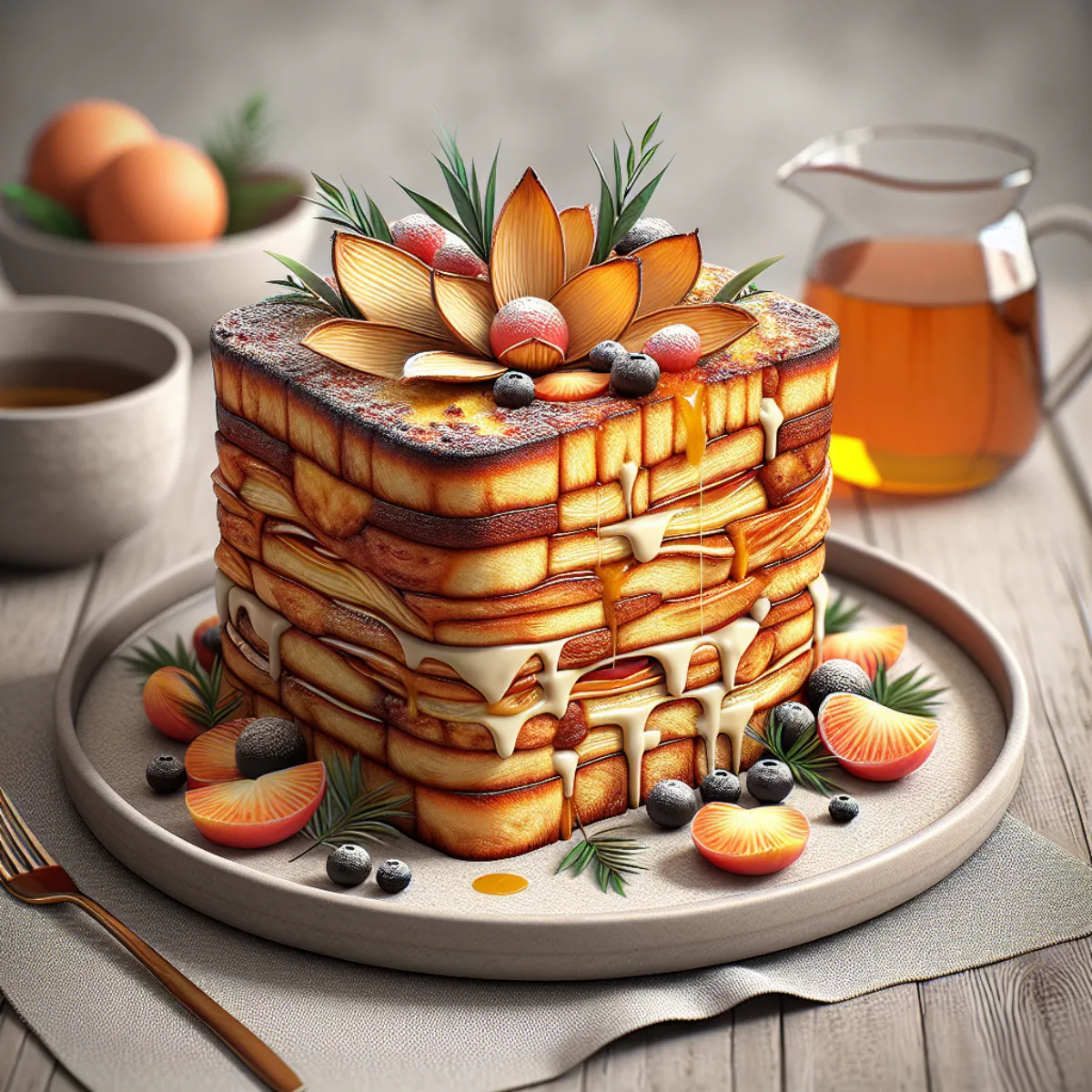 Close-up du pudding au pain fait maison étagé dans un Air Fryer. Le pudding est doré et croustillant sur les bords, et moelleux et tendre à l'intérieur. Les couches de pain, de custard et de fruits sont clairement visibles, créant un dessert visuellement attrayant et invitant.