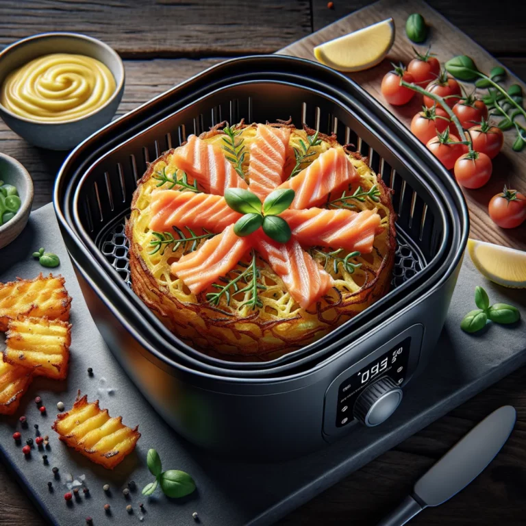 Rösti de pommes de terre croustillant garni de saumon fumé rosé, cuit à la perfection dans un Air Fryer, créant une croûte dorée et un intérieur tendre.