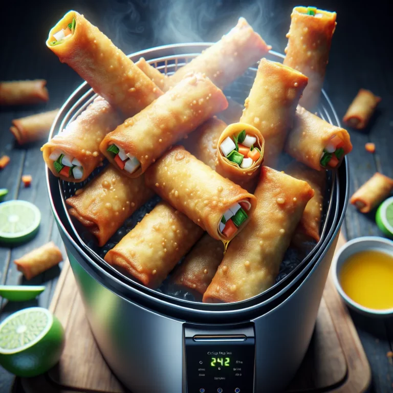 Image d'un plat rempli de rouleaux de printemps croustillants et dorés cuits à l'Air Fryer. Les rouleaux de printemps ont une croûte extérieure croustillante et sont farcis d'un mélange coloré de légumes frais et d'herbes. Ils sont disposés sur une assiette ou un plateau avec des sauces d'accompagnement.