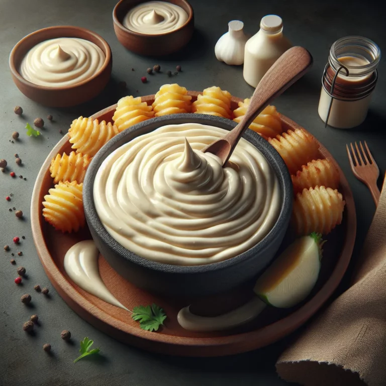 Gros plan sur une sauce crémeuse au raifort servie dans un bol blanc au centre de l'image. La sauce a une texture épaisse et onctueuse avec des morceaux de raifort visibles. Le bol repose sur une surface blanche, créant un contraste visuel saisissant.