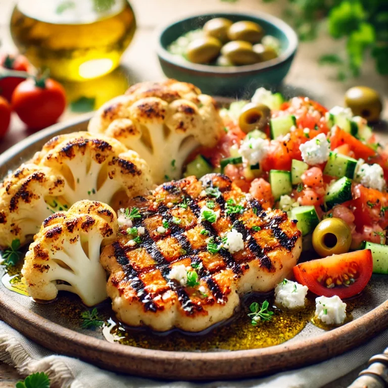 Steaks de Chou-fleur grillés à la Salsa Grecque au Air Fryer Steak de chou-fleur croustillant et doré, garni d'une salsa grecque colorée et savoureuse. Chaque steak est soigneusement grillé à l'aide d'un Air Fryer, créant une texture extérieure croquante et un intérieur tendre et moelleux. La salsa grecque, un mélange rafraîchissant de tomates, oignons, concombres, olives et féta, ajoute une touche méditerranéenne au plat.