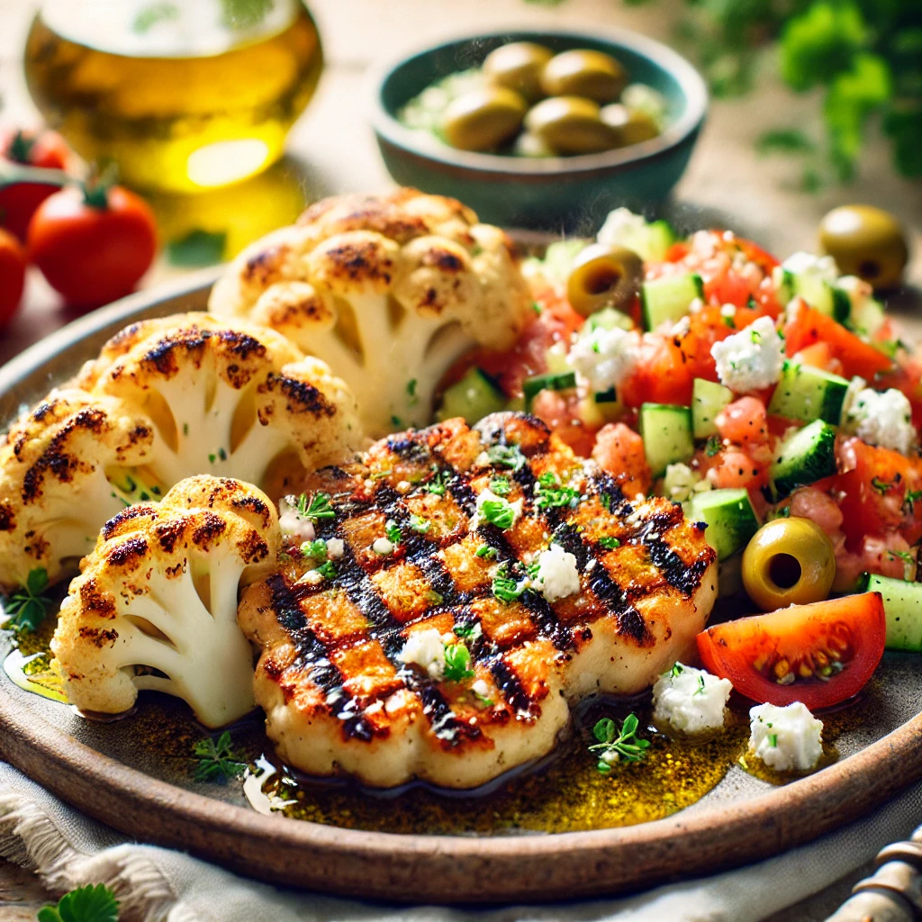 Steak de chou-fleur croustillant et doré, garni d'une salsa grecque colorée et savoureuse. Chaque steak est soigneusement grillé à l'aide d'un Air Fryer, créant une texture extérieure croquante et un intérieur tendre et moelleux. La salsa grecque, un mélange rafraîchissant de tomates, oignons, concombres, olives et féta, ajoute une touche méditerranéenne au plat.