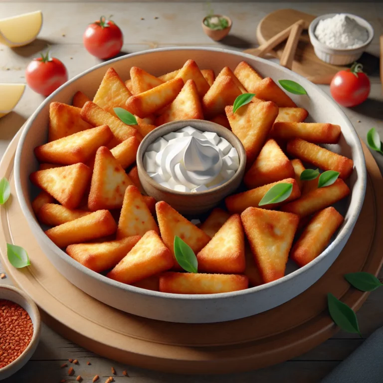 Triangles au Féta croustillants au Air Fryer Gros plan sur une assiette remplie de triangles croustillants au féta dorés, fraîchement sortis de l'AIR FRYER. Les triangles sont garnis d'une pâte feuilletée dorée et croustillante, et d'une garniture crémeuse et friable de fromage feta. L'arrière-plan est flou, mettant l'accent sur la texture croustillante et alléchante des triangles.